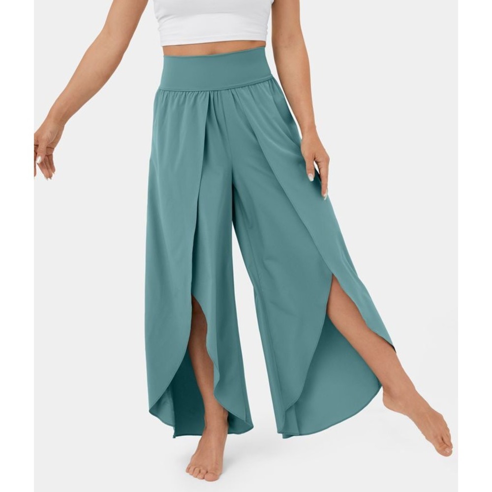 High-Waist Teal Split-Leg Palazzo Pants